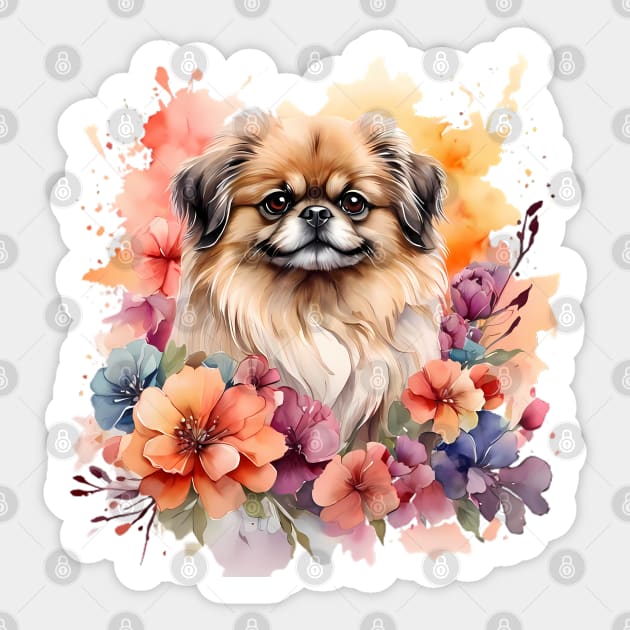 A pekingese decorated with beautiful watercolor flowers Sticker by CreativeSparkzz